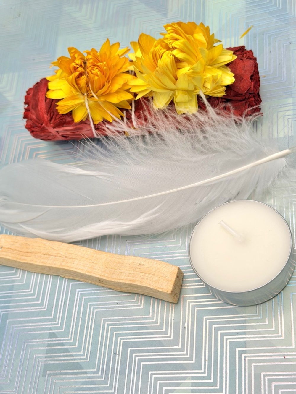 Sage Bundle with Yellow Flowers and White Feather